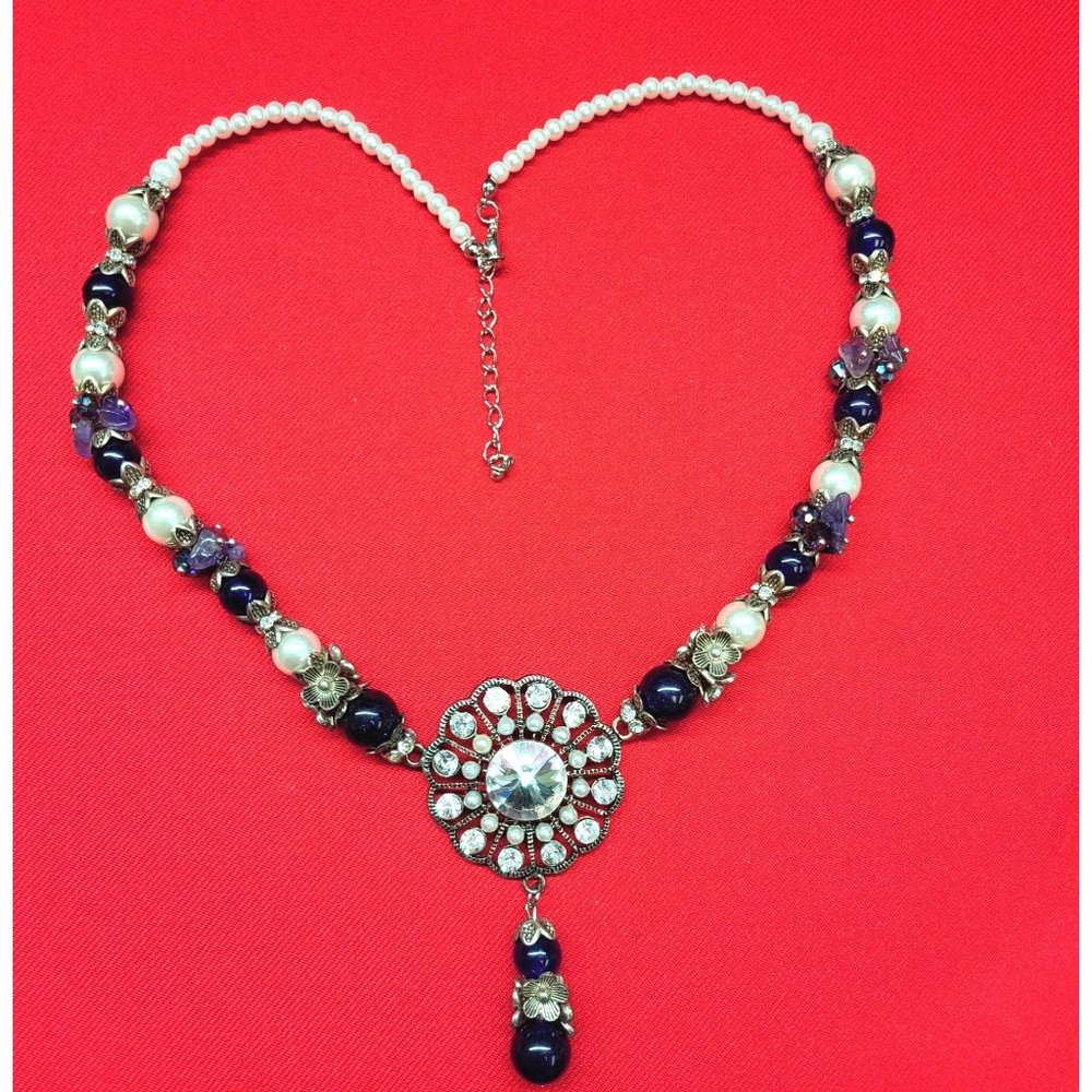 Sally C Purple Beads Rhinestones Necklace